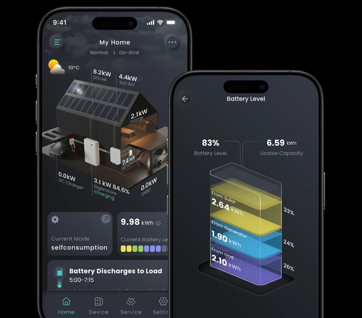 Mobile monitoring application showing home energy and battery information