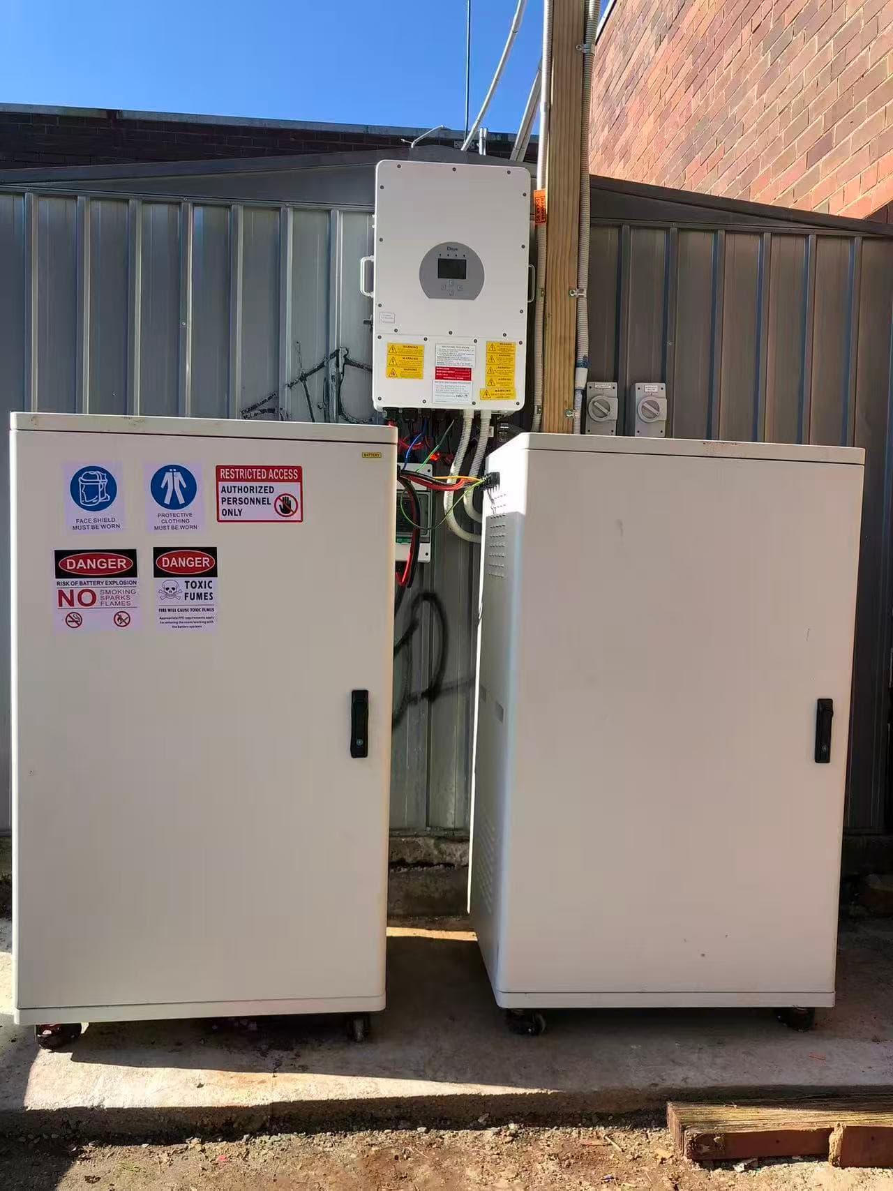 Deye Inverter and Felicity Battery installed in an exterior service area
