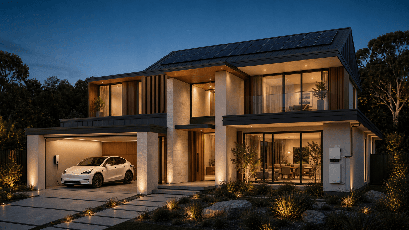 Two-storey contemporary Melbourne home with rooftop solar, home battery and a Tesla charging inside the garage at dusk