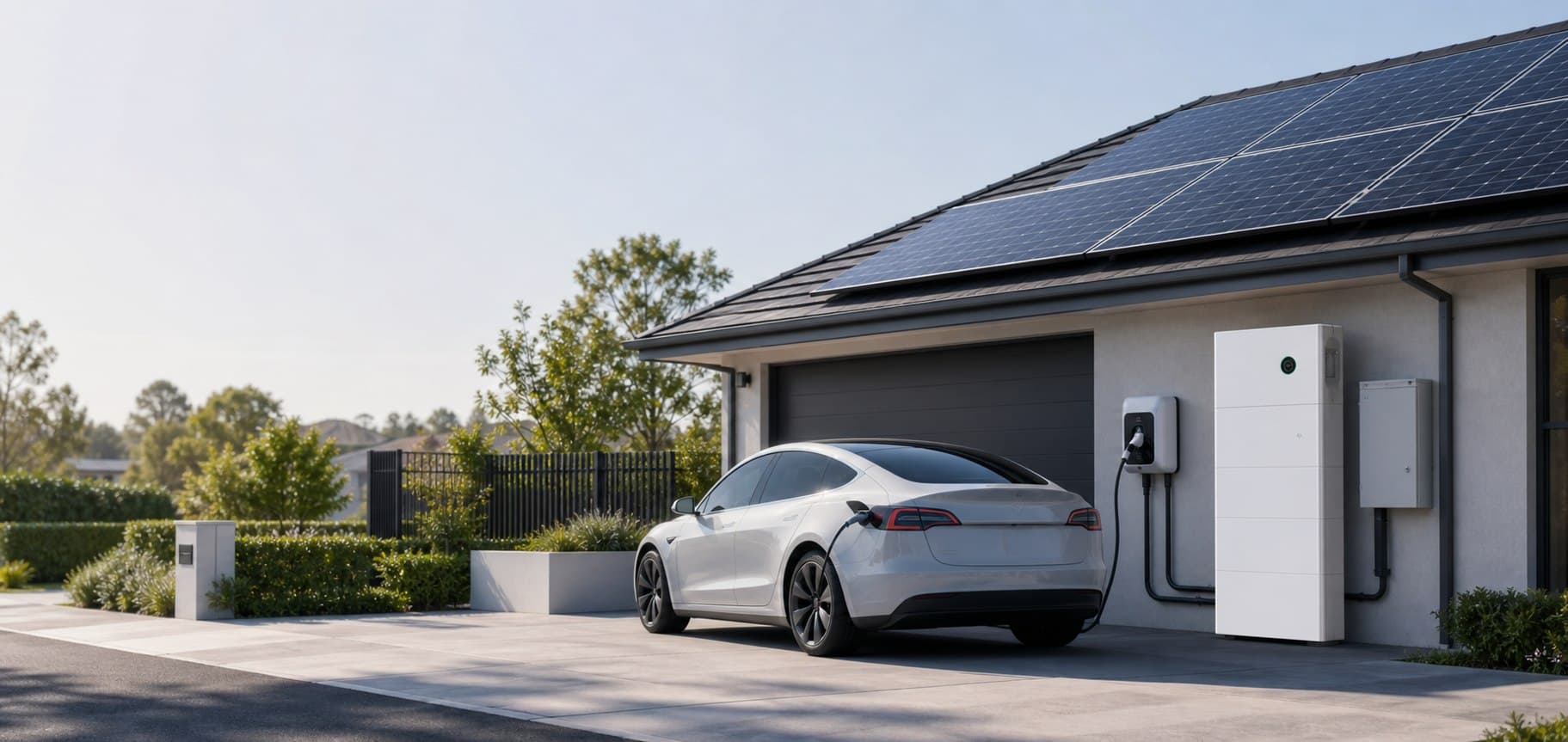 Modern home with rooftop solar, battery storage, and an EV charging system
