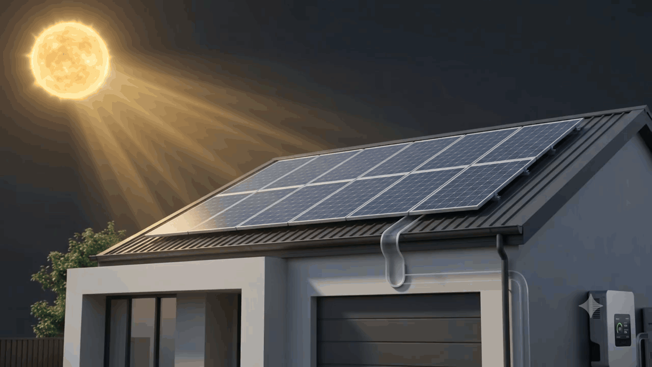 Animated solar energy journey from sun to home battery and monitoring
