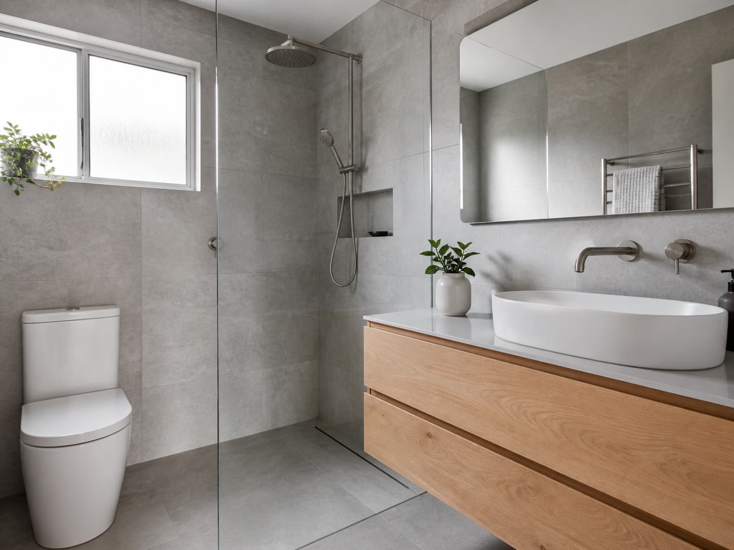 Bathroom renovation concept with grey tile and oak vanity
