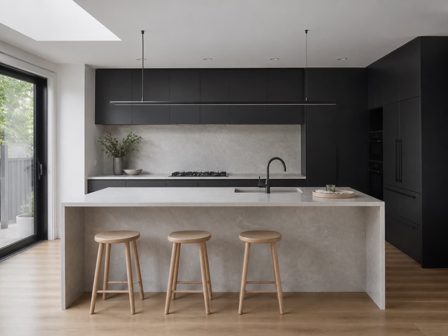 Kitchen renovation concept with charcoal cabinetry and stone island